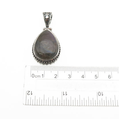 925 Sterling Silver Vintage Real Pear-Cut Labradorite Ornate Oxidized Pendant