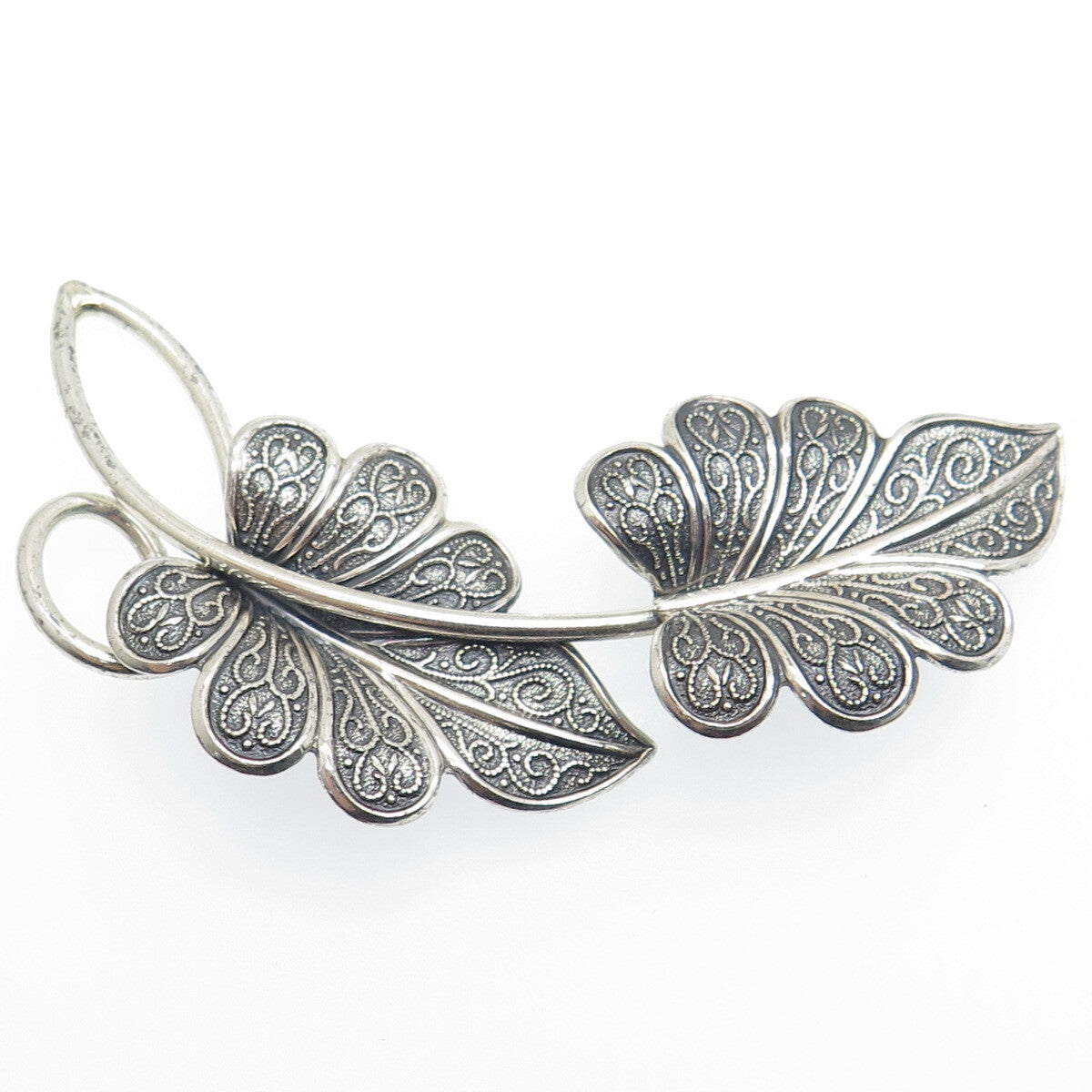 BEAU 925 Sterling Silver Vintage Floral Leaves Oxidized Pin Brooch