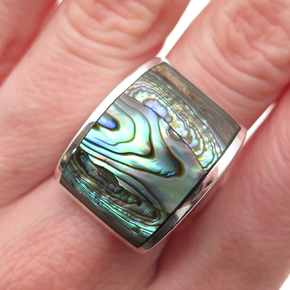KEN CRAFTS 925 Sterling Silver Vintage Real Abalone Shell Modernist Ring Size 7