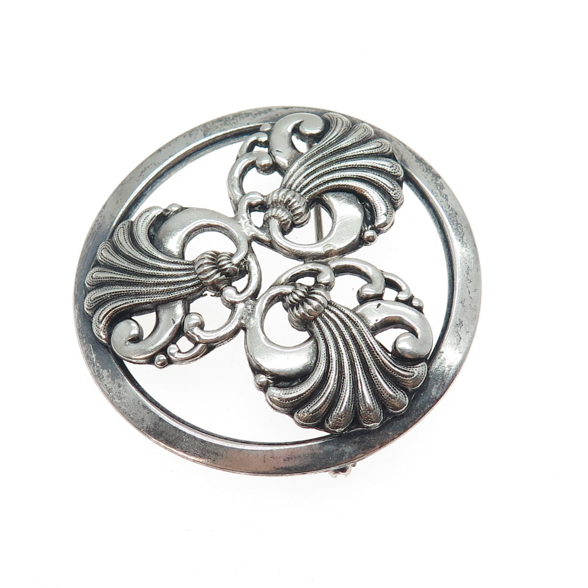 925 Sterling Silver Antique Art Deco Floral Oxidized Pin Brooch