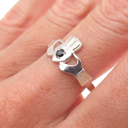 925 Sterling Silver Vintage Real Sapphire Irish Claddagh Ring Size 8.25