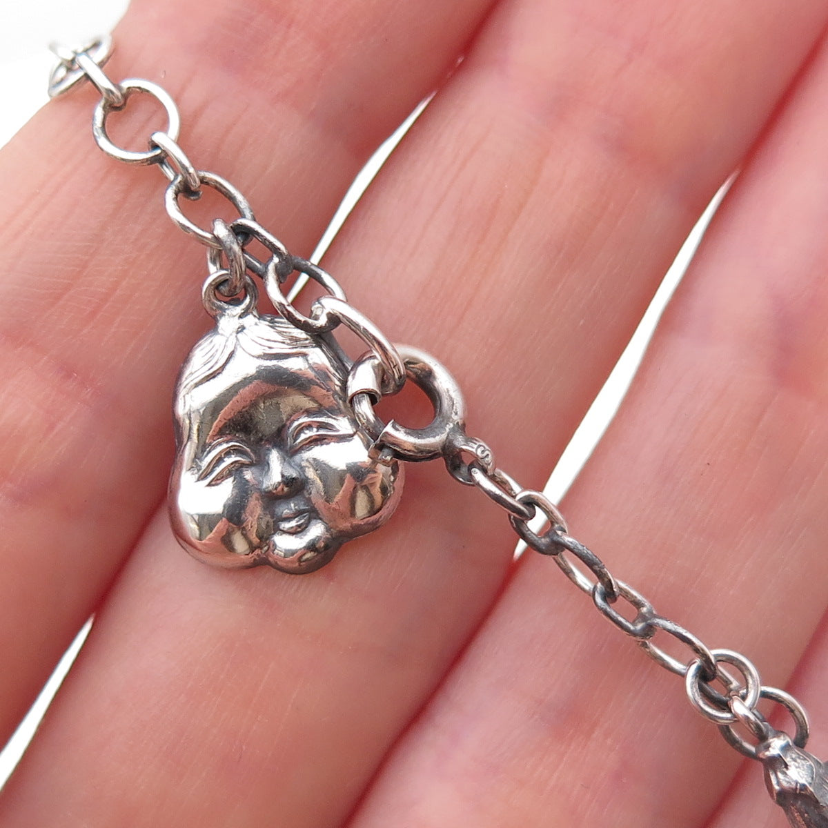 925 Sterling Silver Antique Art Deco Japanese Dangle Charm Bracelet 7.75"