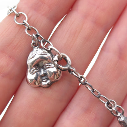 925 Sterling Silver Antique Art Deco Japanese Dangle Charm Bracelet 7.75"