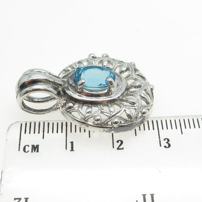 925 Sterling Silver Real Oval-Cut Blue Topaz Ornate Pendant