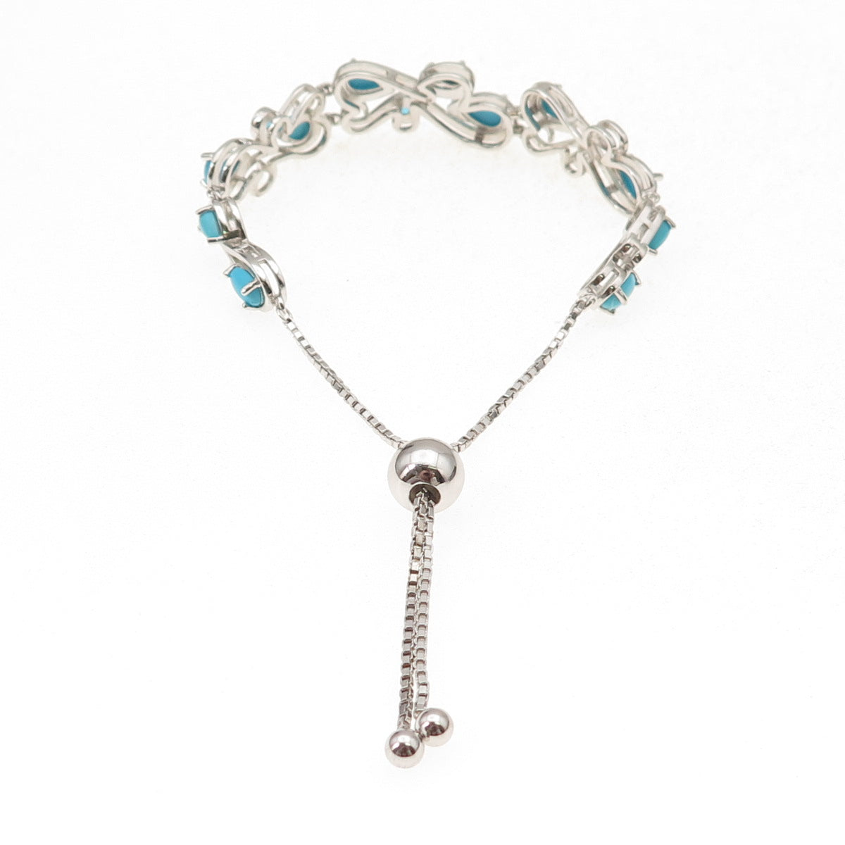 925 Sterling Silver Real Turquoise & Apatite Adjustable Box Link Bracelet 7-9"