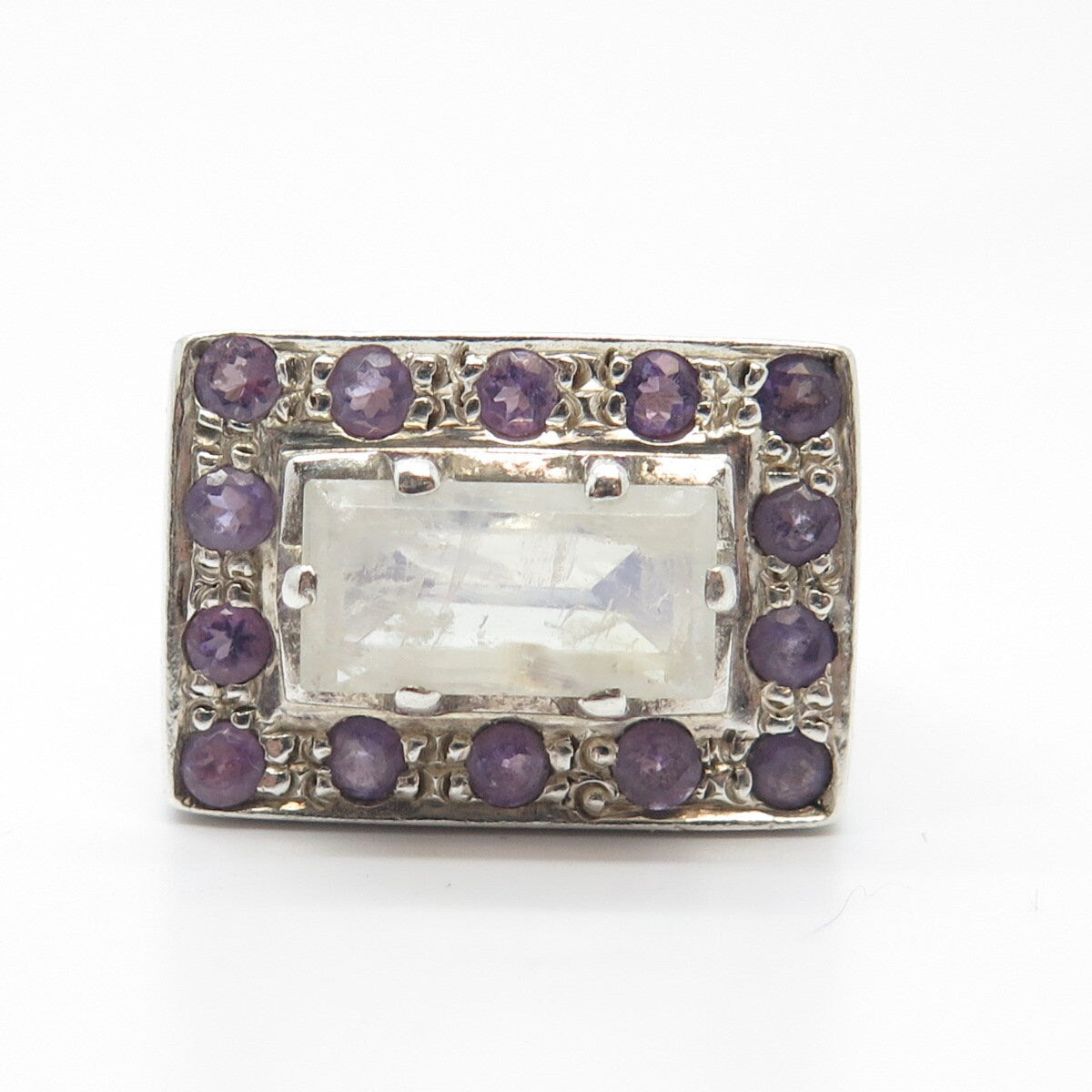 925 Sterling Silver Vintage Real Moonstone & Amethyst Gemstone Ring Size 6.25