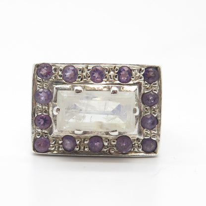 925 Sterling Silver Vintage Real Moonstone & Amethyst Gemstone Ring Size 6.25