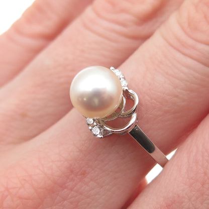 925 Sterling Silver Real Pearl & C Z Ring Size 8.75