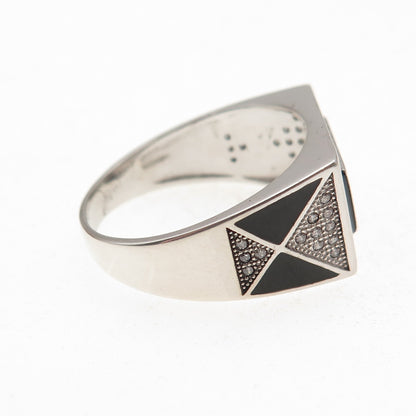 925 Sterling Silver Black Enamel & Round-Cut C Z Geometric Ring Size 11.25