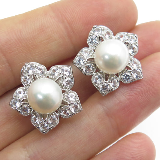 925 Sterling Silver Real Pearl & White Topaz Flower Omega Back Earrings