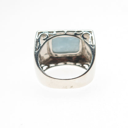 925 Sterling Silver Vintage Real Aquamarine Swirl Oxidized Ring Size 7