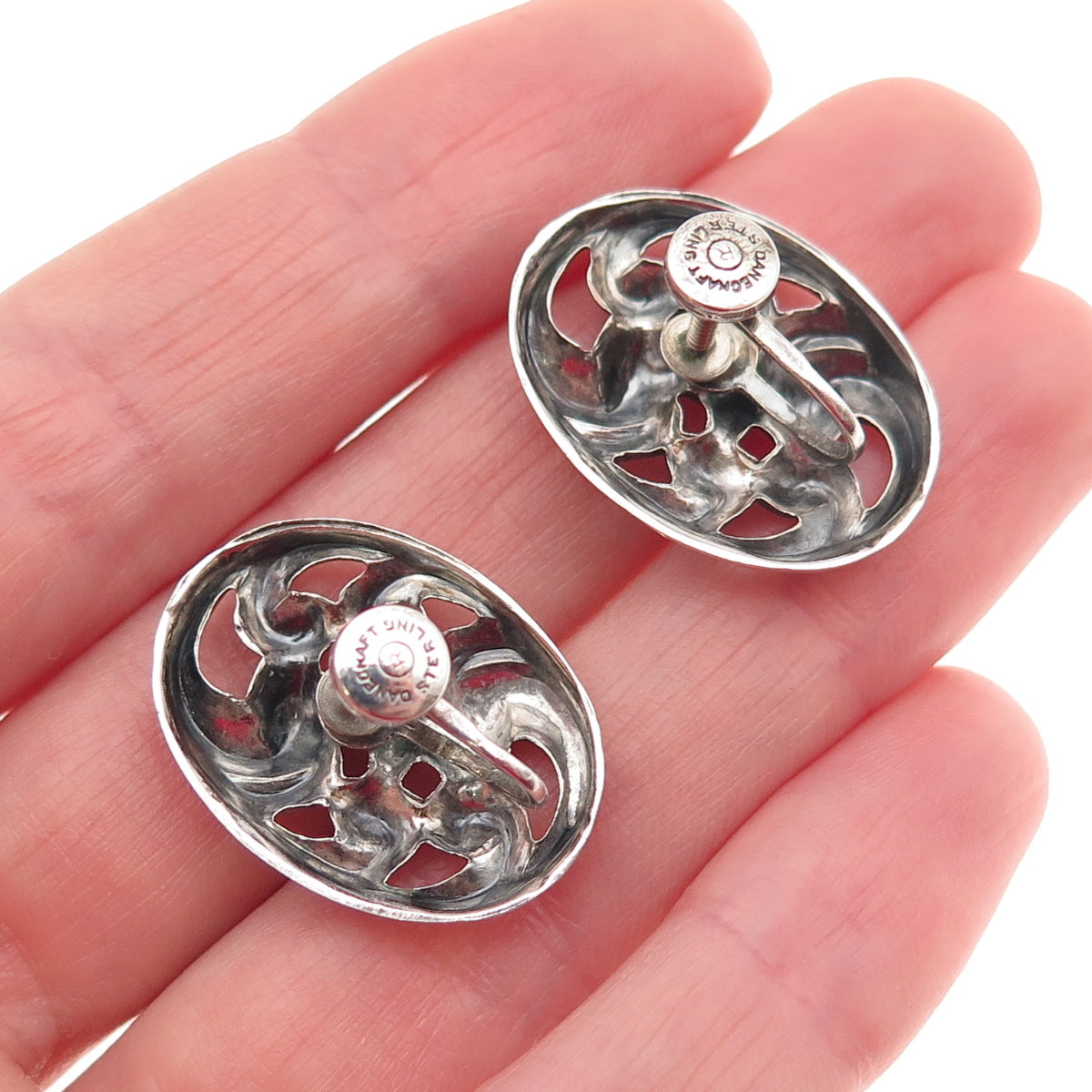Danecraft 925 Sterling Silver Vintage Floral Oxidized Screw Back Earrings