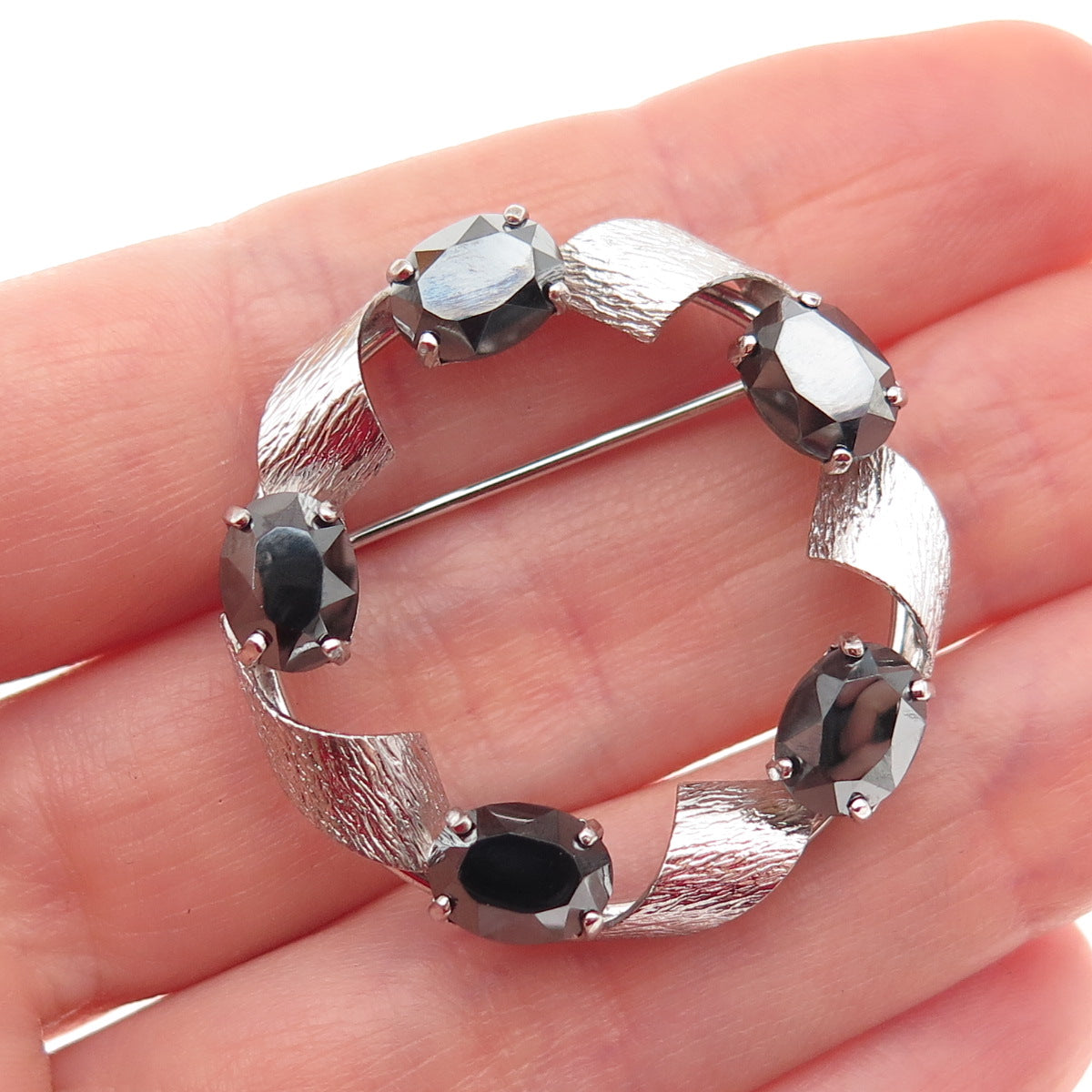 CURTIS CURTMAN Sterling Silver Vintage Real Hematite Twisted Circle Pin Brooch