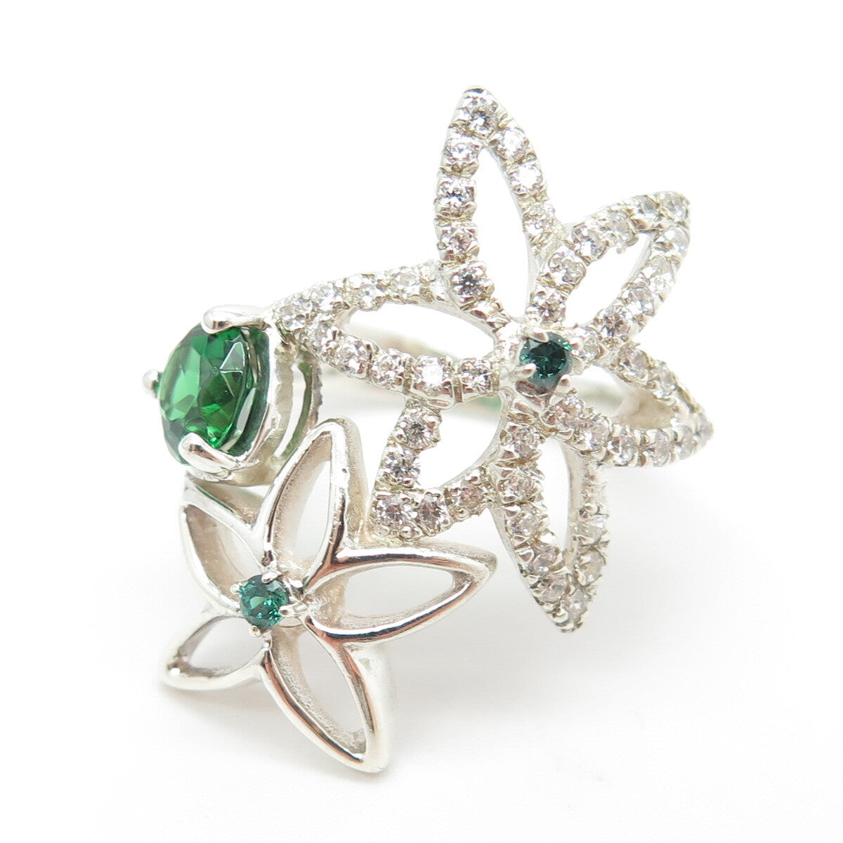925 Sterling Silver Chrome Diopside & C Z Floral Ring Size 6