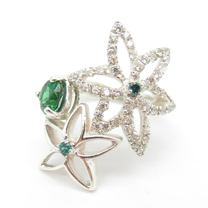 925 Sterling Silver Chrome Diopside & C Z Floral Ring Size 6