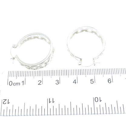 925 Sterling Silver Vintage Mexico Diamond-Cut Flower Hoop Earrings