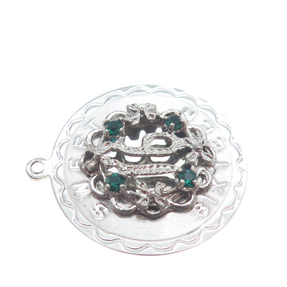 SPENCER 925 Sterling Silver Vintage Green Rhinestone Sweet Sixteen Charm Pendant