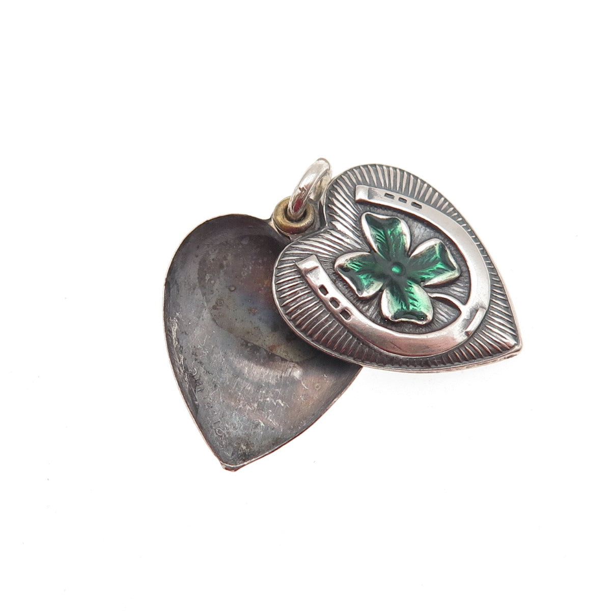 925 Sterling Antique Enamel Clover Horseshoe Chatelaine Heart Mini Slide Pendant