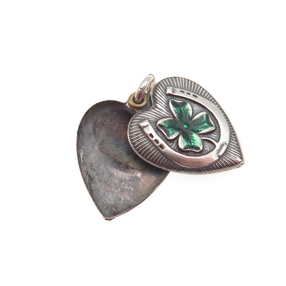 925 Sterling Antique Enamel Clover Horseshoe Chatelaine Heart Mini Slide Pendant