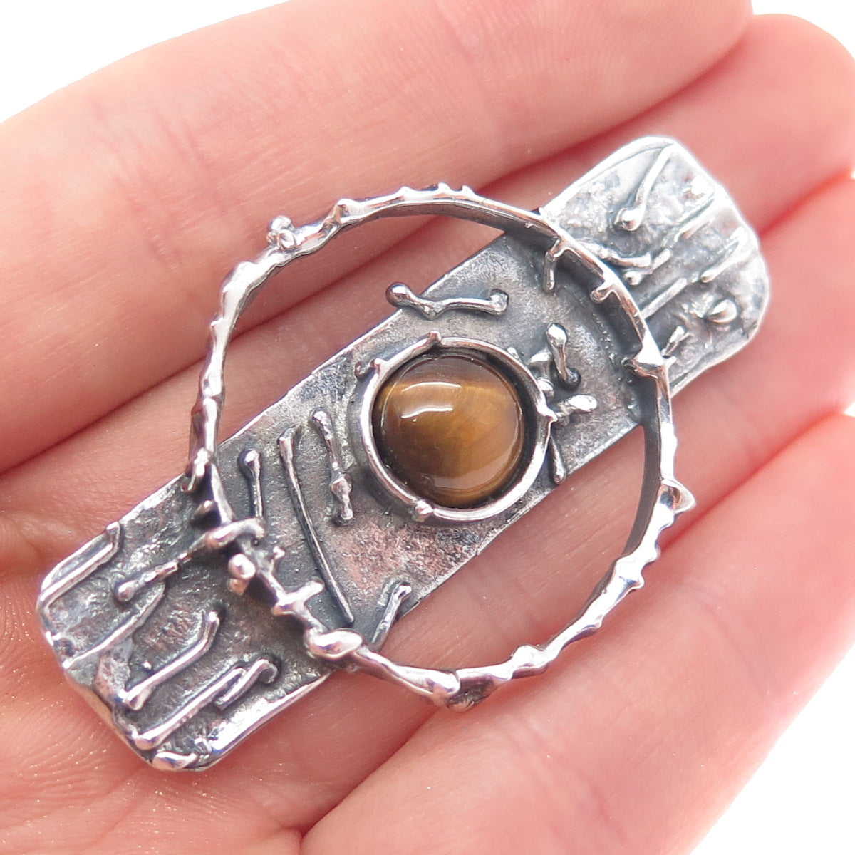 925 Sterling Silver Vintage Real Tiger Eye Modernist Oxidized Pin Brooch Pendant
