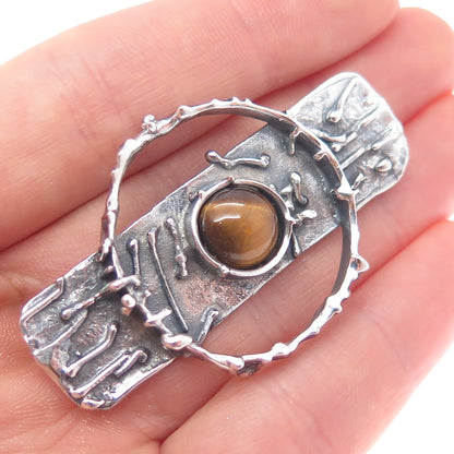 925 Sterling Silver Vintage Real Tiger Eye Modernist Oxidized Pin Brooch Pendant