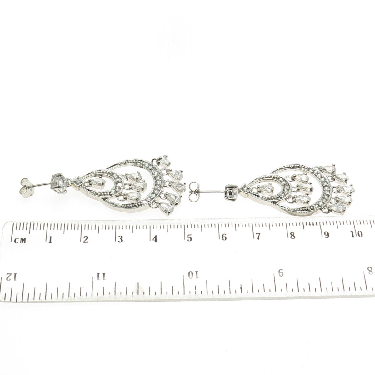 925 Sterling Silver Round-Cut & Pear-Cut Shaped C Z Chandelier Earrings