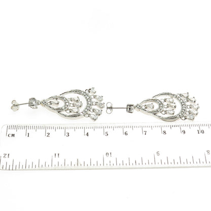 925 Sterling Silver Round-Cut & Pear-Cut Shaped C Z Chandelier Earrings