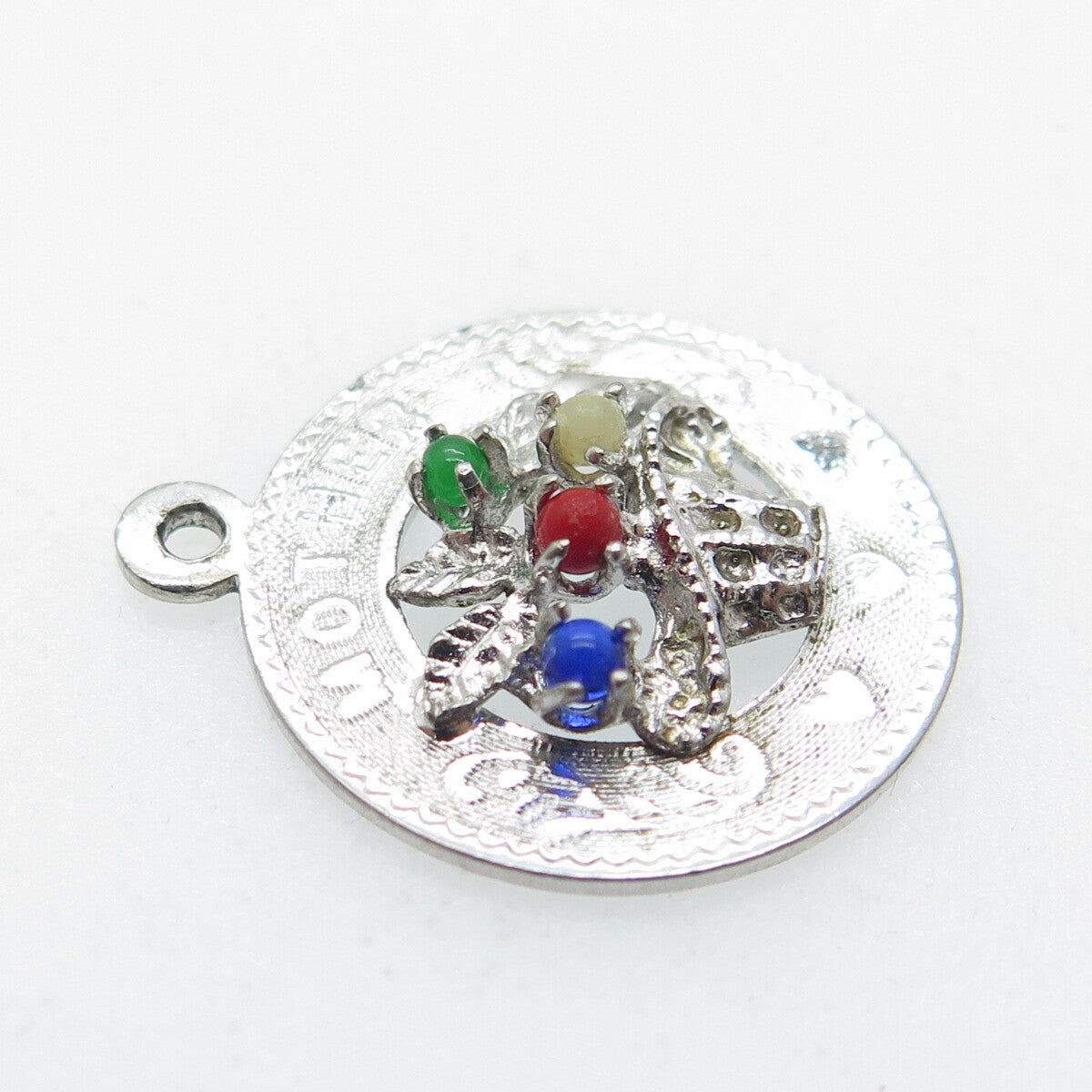 925 Sterling Silver Vintage M&M Multi-Glass "Mother" Round Tag Charm Pendant