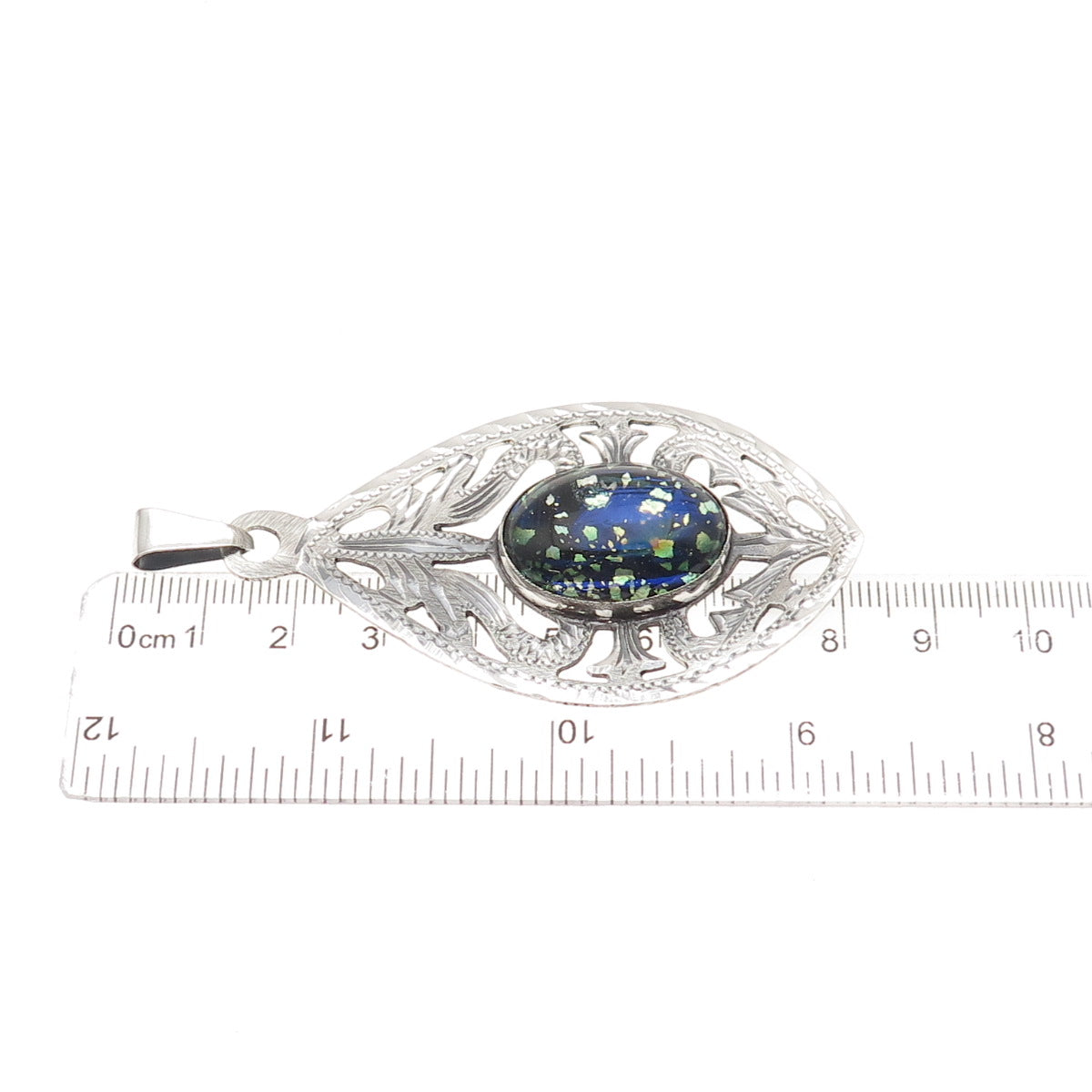 925 Sterling Silver Vintage Mexico Dichroic Glass Floral Oxidized Pendant