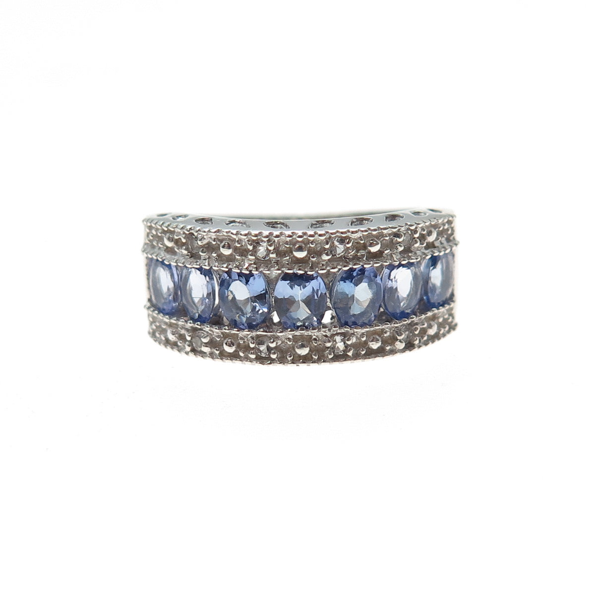 BML GEMS 925 Sterling Silver Real Oval-Cut Tanzanite & White Topaz Ring Size 6