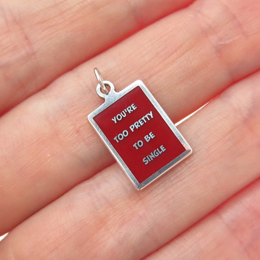 925 Sterling Red Enamel You're Too Pretty To Be Single Minimalist Charm Pendant