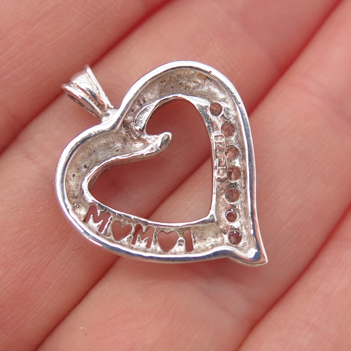 925 Sterling Silver Round-Cut C Z Mom Heart Charm Pendant