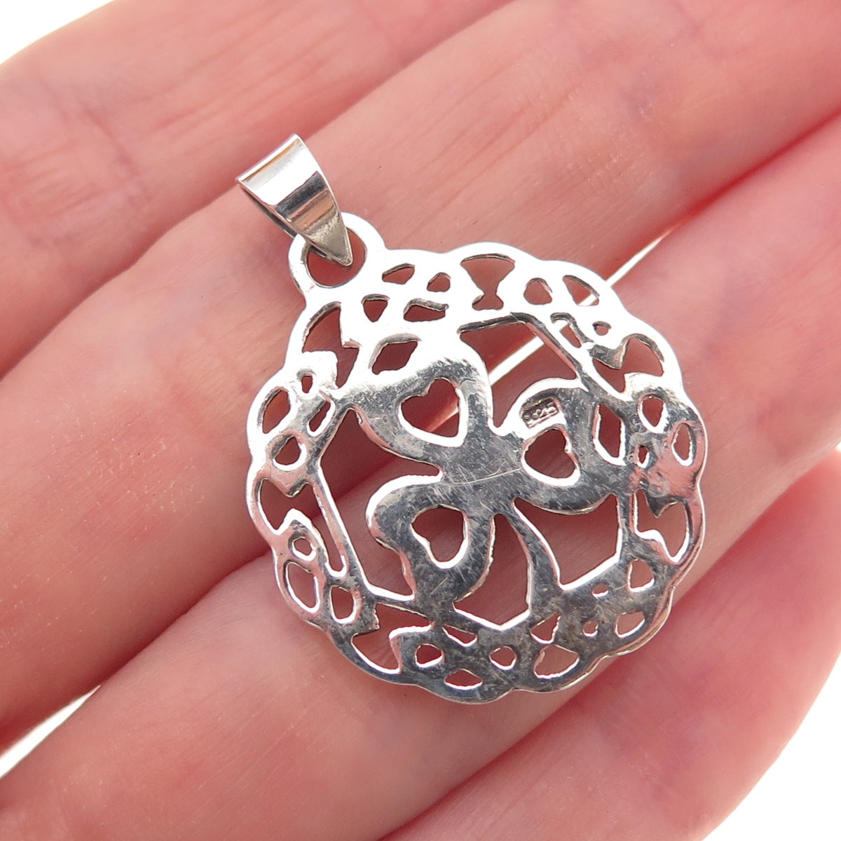 925 Sterling Silver Vintage Real Green Onyx Clover Celtic Knot Charm Pendant