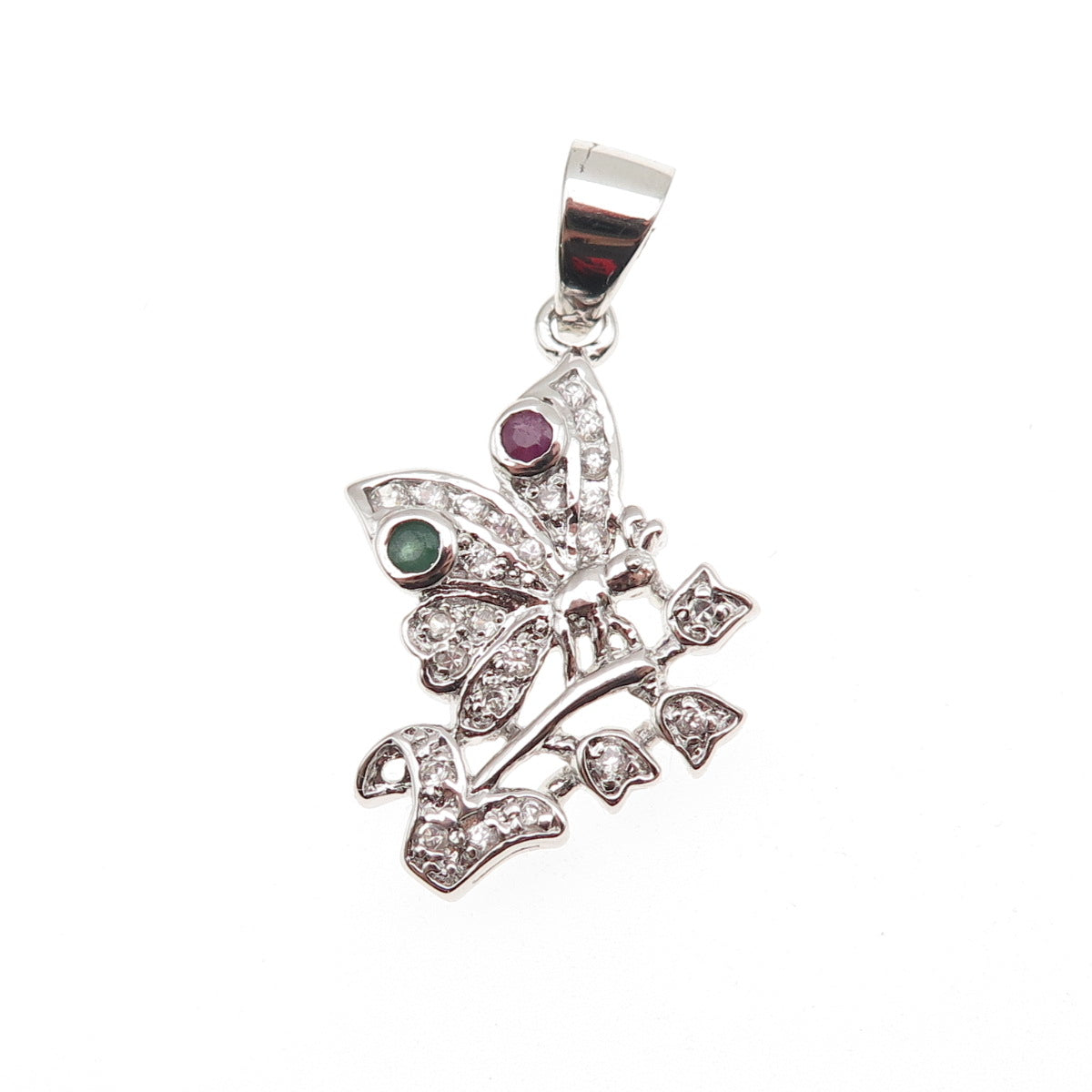 925 Sterling Silver Real Round-Cut Emerald Ruby & C Z Butterfly Charm Pendant