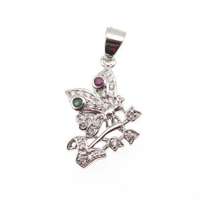 925 Sterling Silver Real Round-Cut Emerald Ruby & C Z Butterfly Charm Pendant