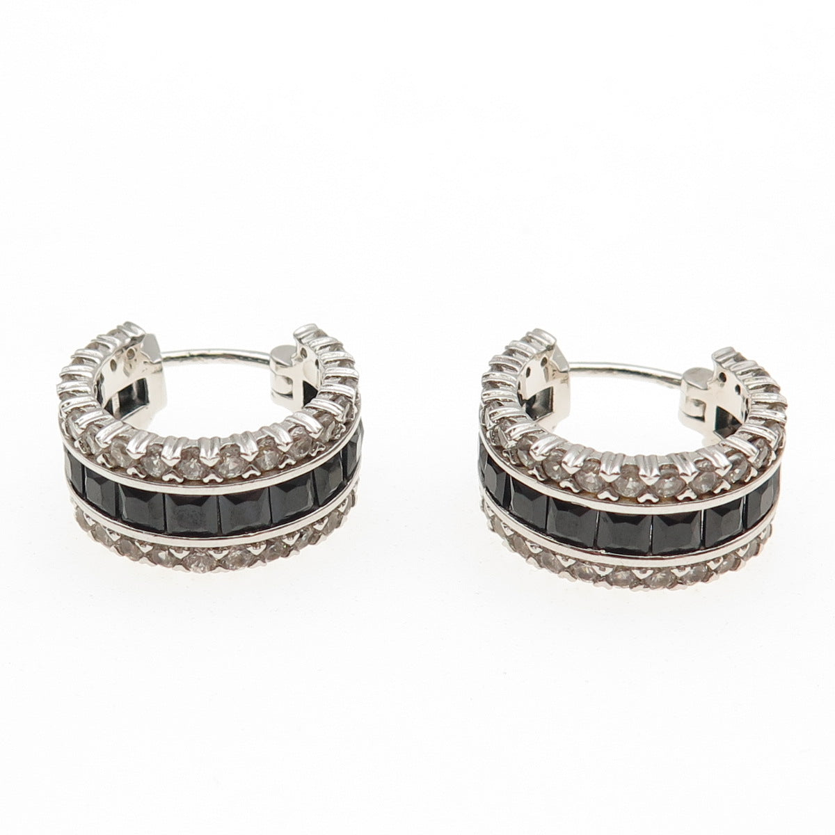 925 Sterling Silver Real Black Spinel & White Topaz Hoop Earrings