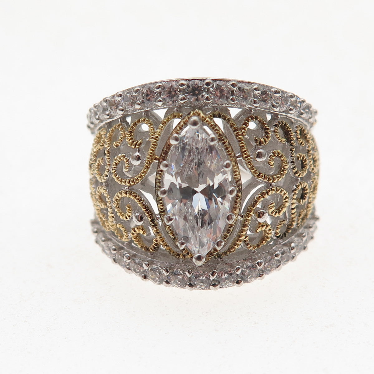 Verragio 925 Sterling Silver 2-Tone C Z Ornate Ring Size 5.25