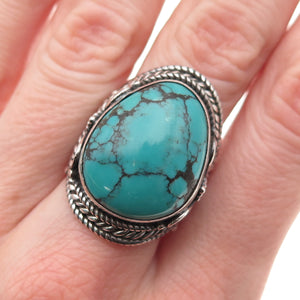 925 Sterling Silver Vintage Real Kingman Turquoise Oxidized Ring Size 8.75