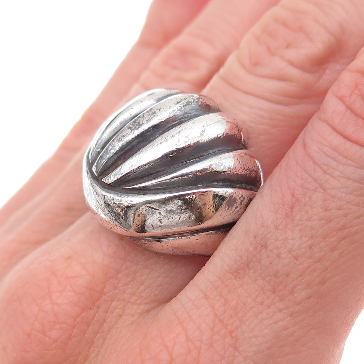 925 Sterling Silver Vintage Modernist Seashell Oxidized Ring Size 10