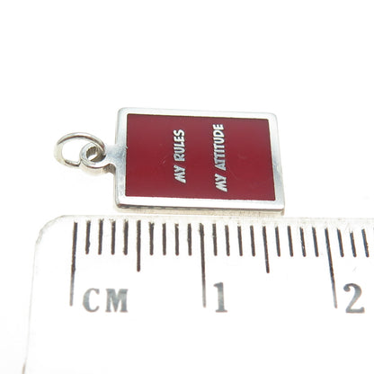 925 Sterling Silver Red Enamel "My Rules My Attitude" Minimalist Charm Pendant