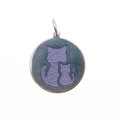 925 Sterling Silver Purple Enamel Mom & Child Cat Minimalist Charm Pendant