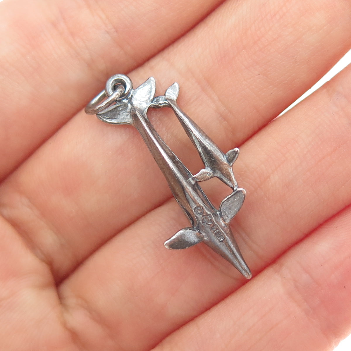 SUNWEST 925 Sterling Silver Vintage Dolphin Mom & Child Oxidized Charm Pendant