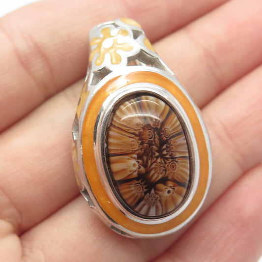 925 Sterling Silver Vintage Multi-Color Glass & Enamel Oval Slide Pendant