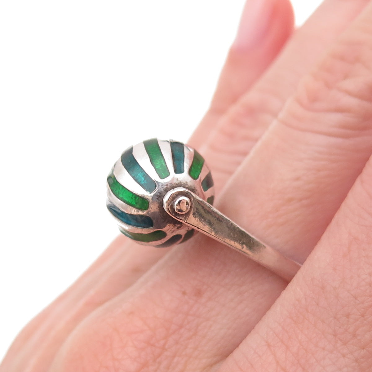 925 Sterling Silver Vintage Italy Enamel Modernist Ball Adjustable Ring Size 6