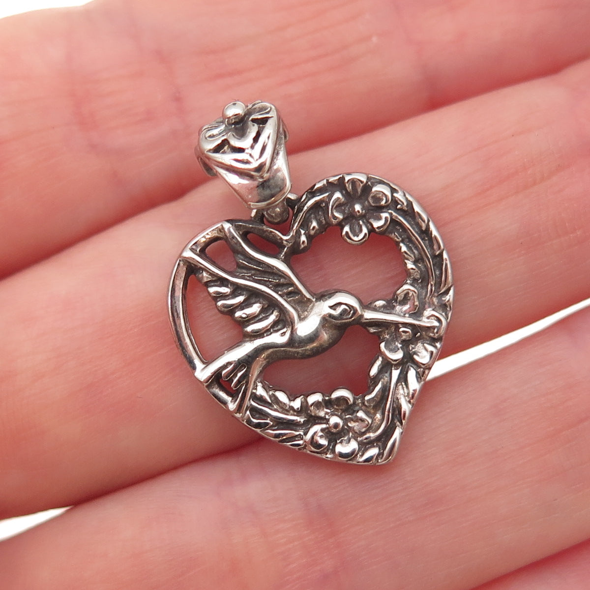 925 Sterling Silver Vintage Hummingbird Heart Oxidized Charm Pendant