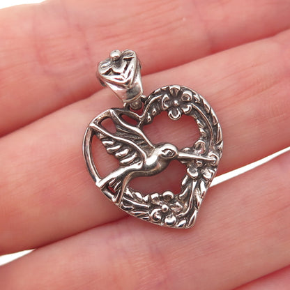 925 Sterling Silver Vintage Hummingbird Heart Oxidized Charm Pendant