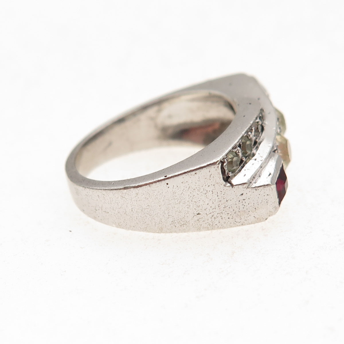 800 Silver Antique Art Deco France White & Red Rhinestone Ring Size 6.25