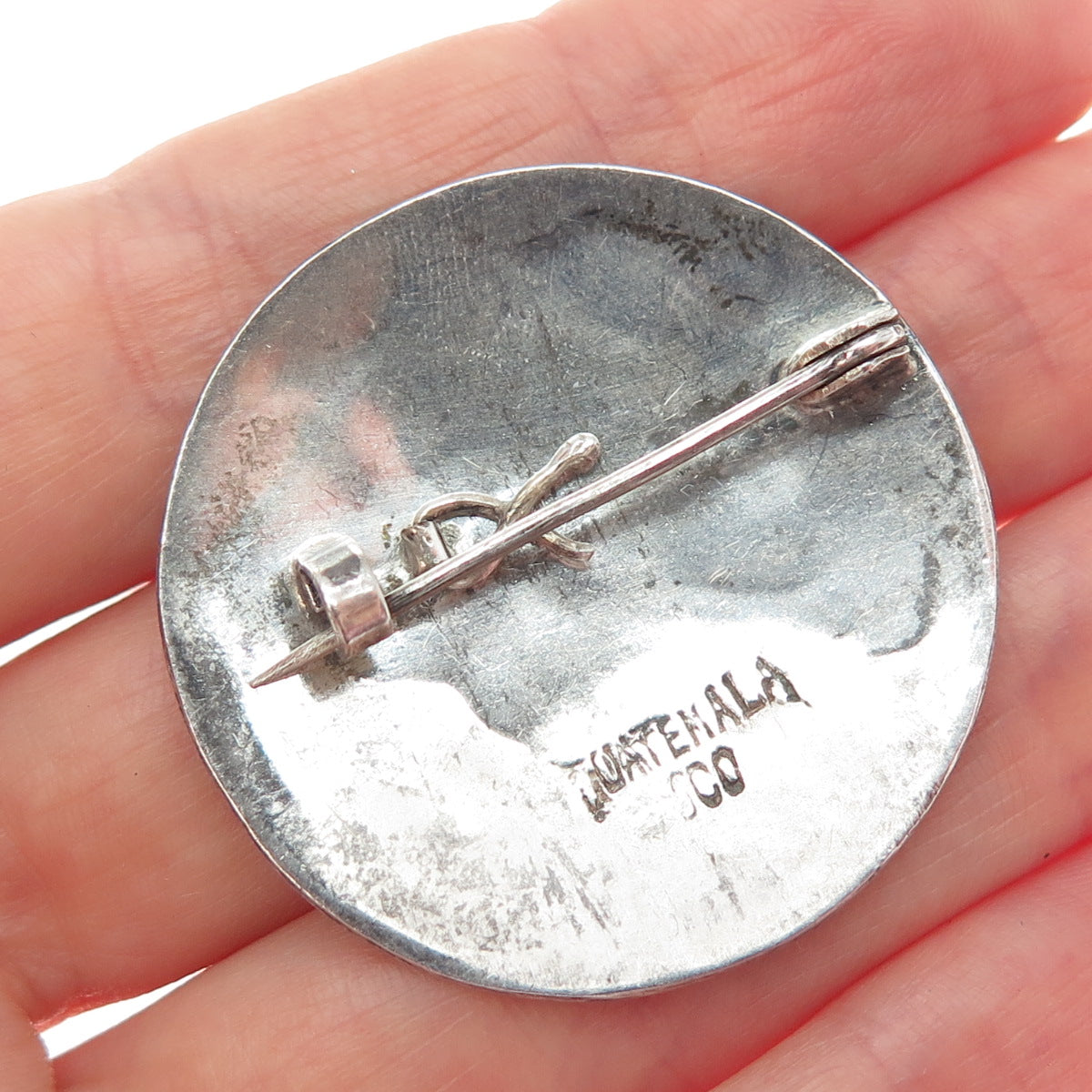 900 Silver Vintage Guatemala Tribal Hunter Oxidized Round Pin Brooch