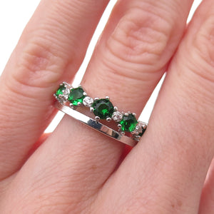 925 Sterling Silver Real Round-Cut Chrome Diopside & C Z Tiara Ring Size 6