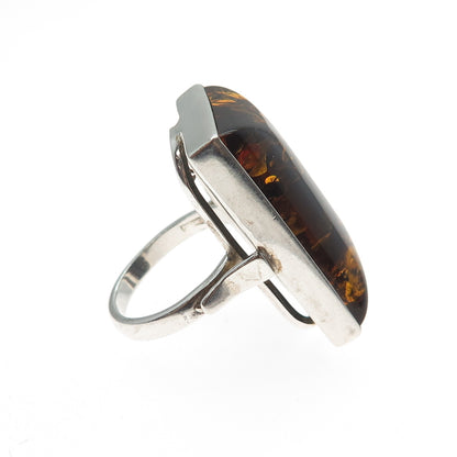 925 Sterling Silver Vintage Poland Real Amber Modernist Ring Size 6.75